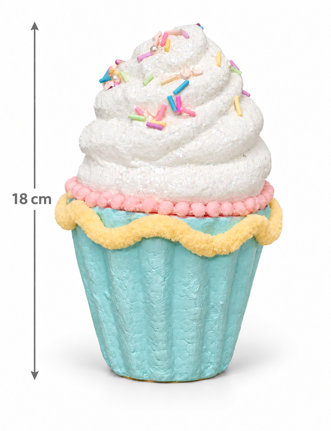 Pastel sprinkle cupcake decoration, 18cm tall, with swirled white glitter frosting, rainbow sprinkles, pink border, yellow trim and aqua case, shown on a white background with height measurement