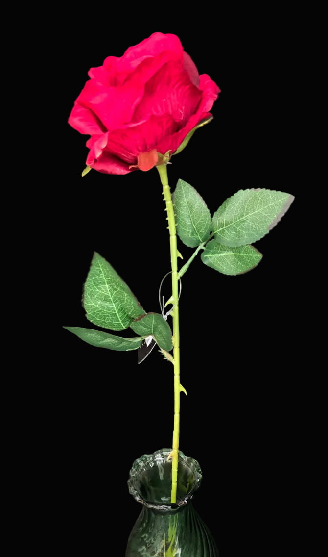Single faux red rose stem with crimson petals, thorned green stem and realistic leaves in a small glass vase on black background — Mistletoe Home