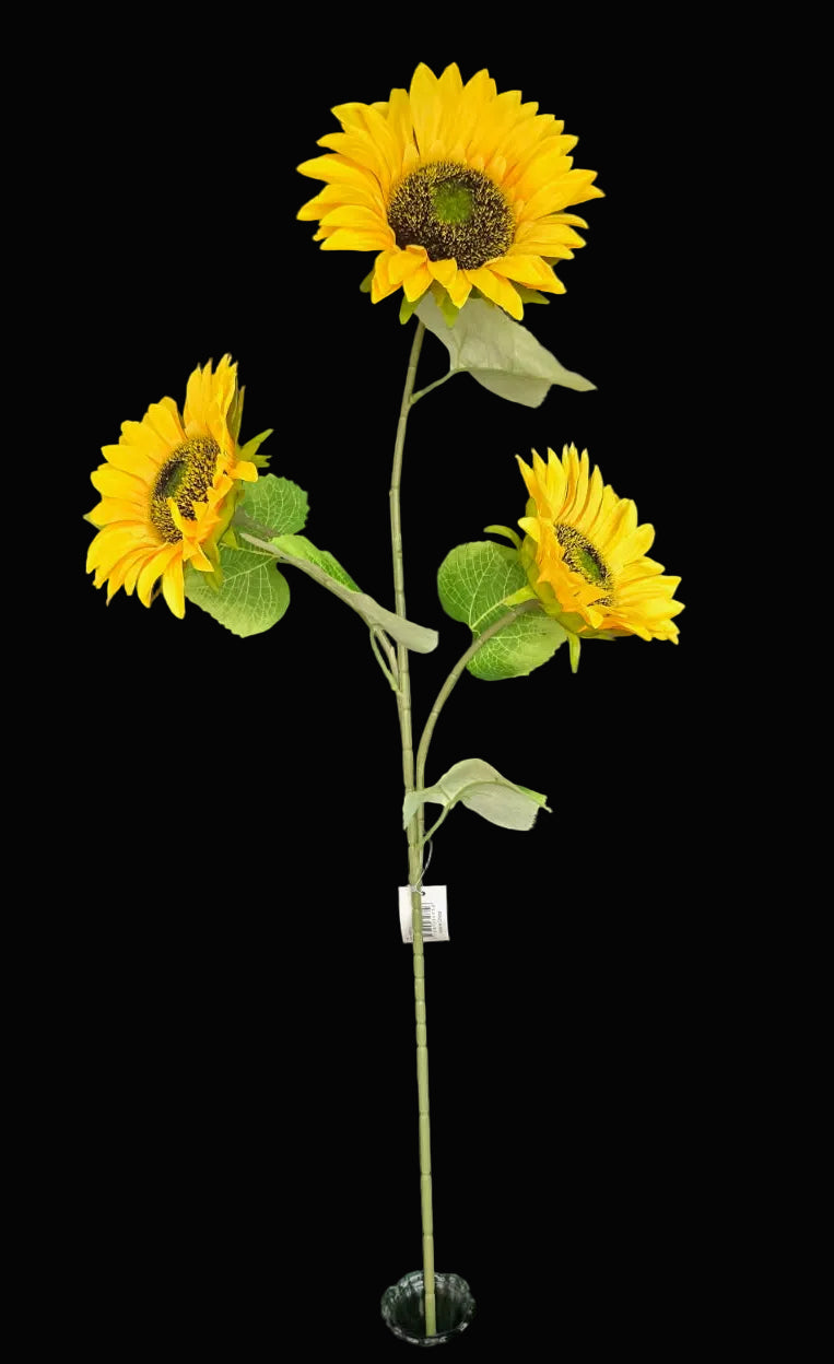 Single faux sunflower stem with 3 large yellow blooms at varied heights on a branching green stem with foliage on black background — 90cm tall — Mistletoe Home