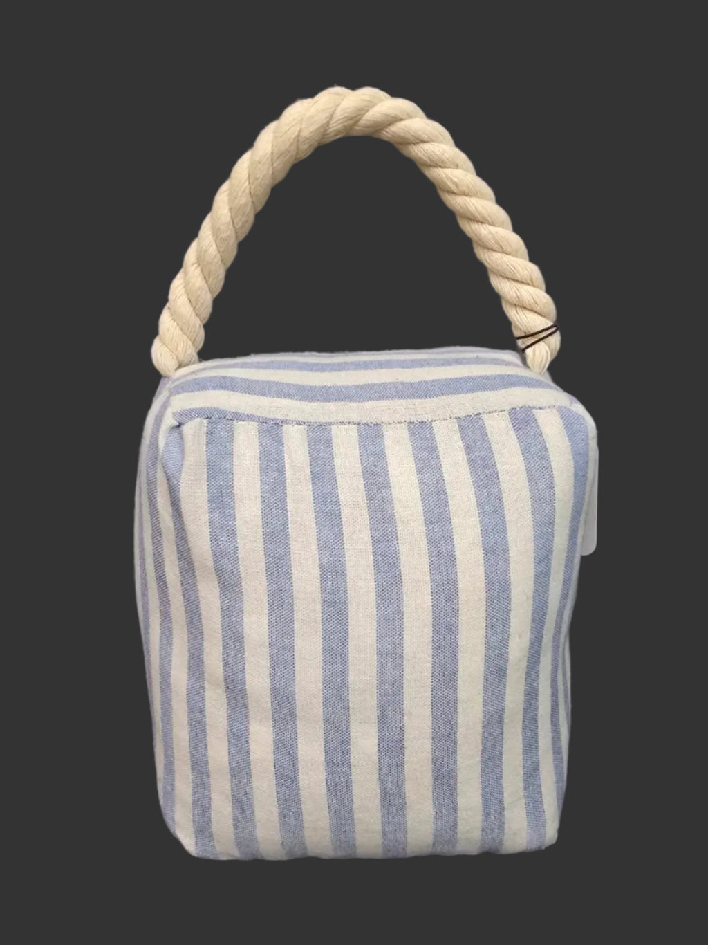 Blue stripe fabric doorstop with rope handle on dark background — Mistletoe Home