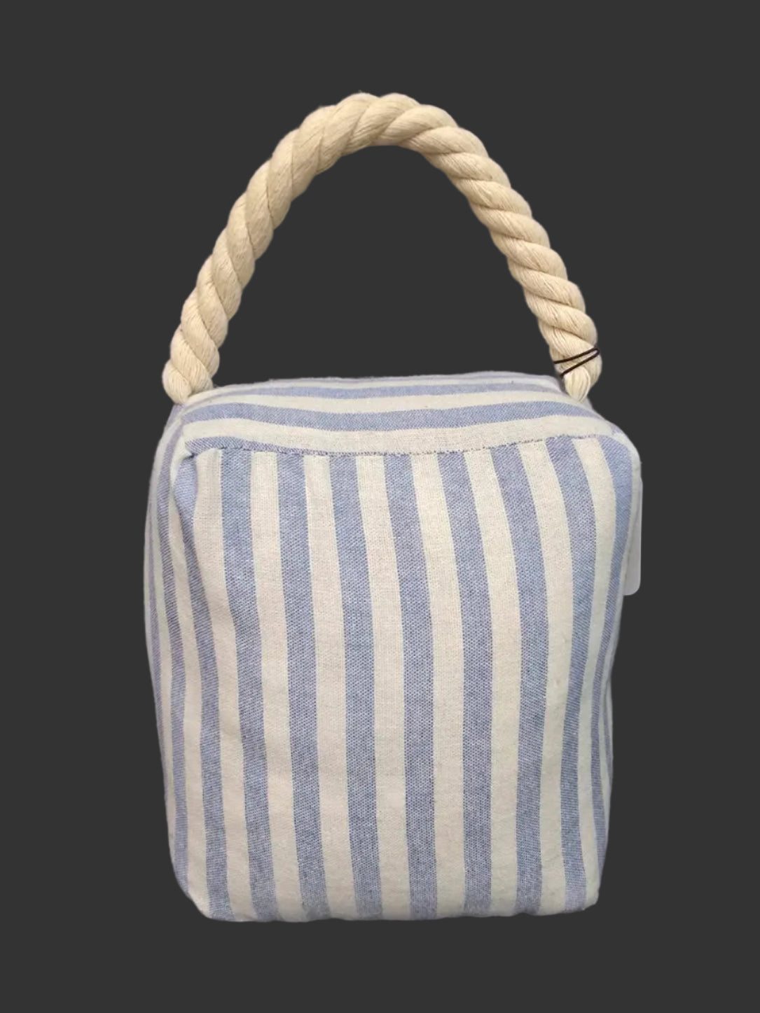 Blue stripe fabric doorstop with rope handle on dark background — Mistletoe Home