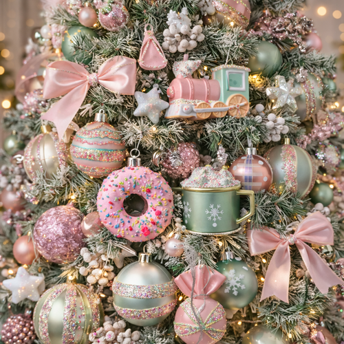 70-piece pastel candy Christmas decoration set styled on a beautifully decorated pink and mint Christmas tree with donut train and hot chocolate mug ornaments — Mistletoe Home Australia