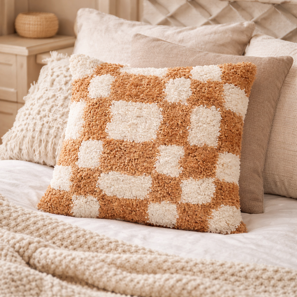 Checkerboard tufted cushion cover with insert styled on a bed with neutral linen — Mistletoe Home Australia
