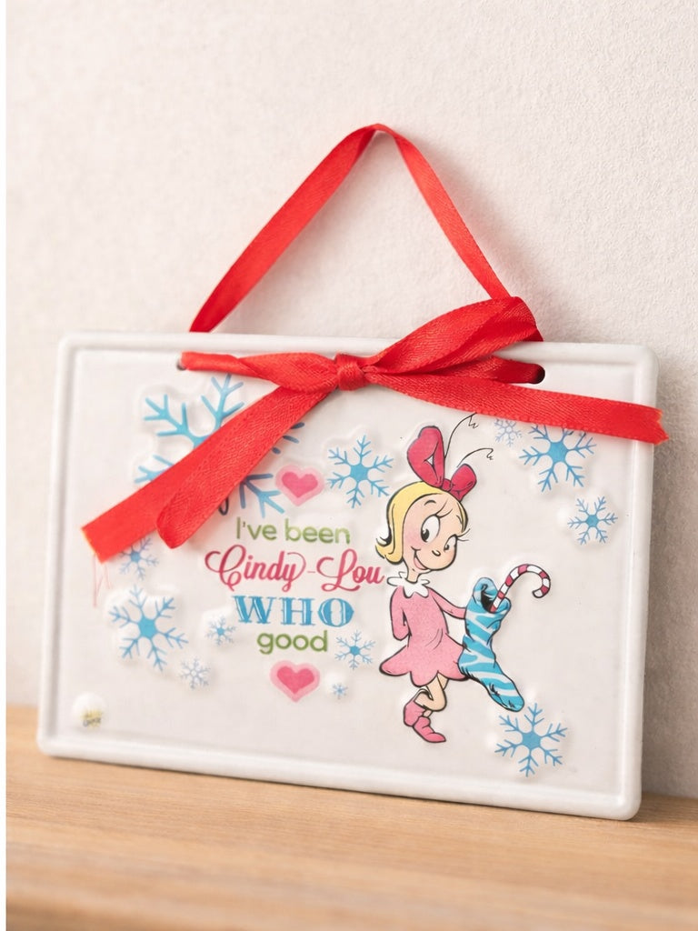 Close up of Cindy Lou Who decorative sign — cute Christmas décor and stocking filler Australia