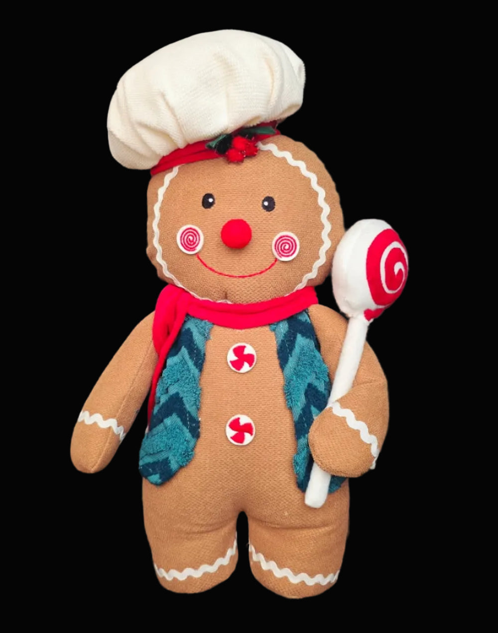 Gingerella Boy plush gingerbread decoration in white chef's hat, teal vest, red scarf and peppermint buttons holding a red and white lollipop — Mistletoe Home
