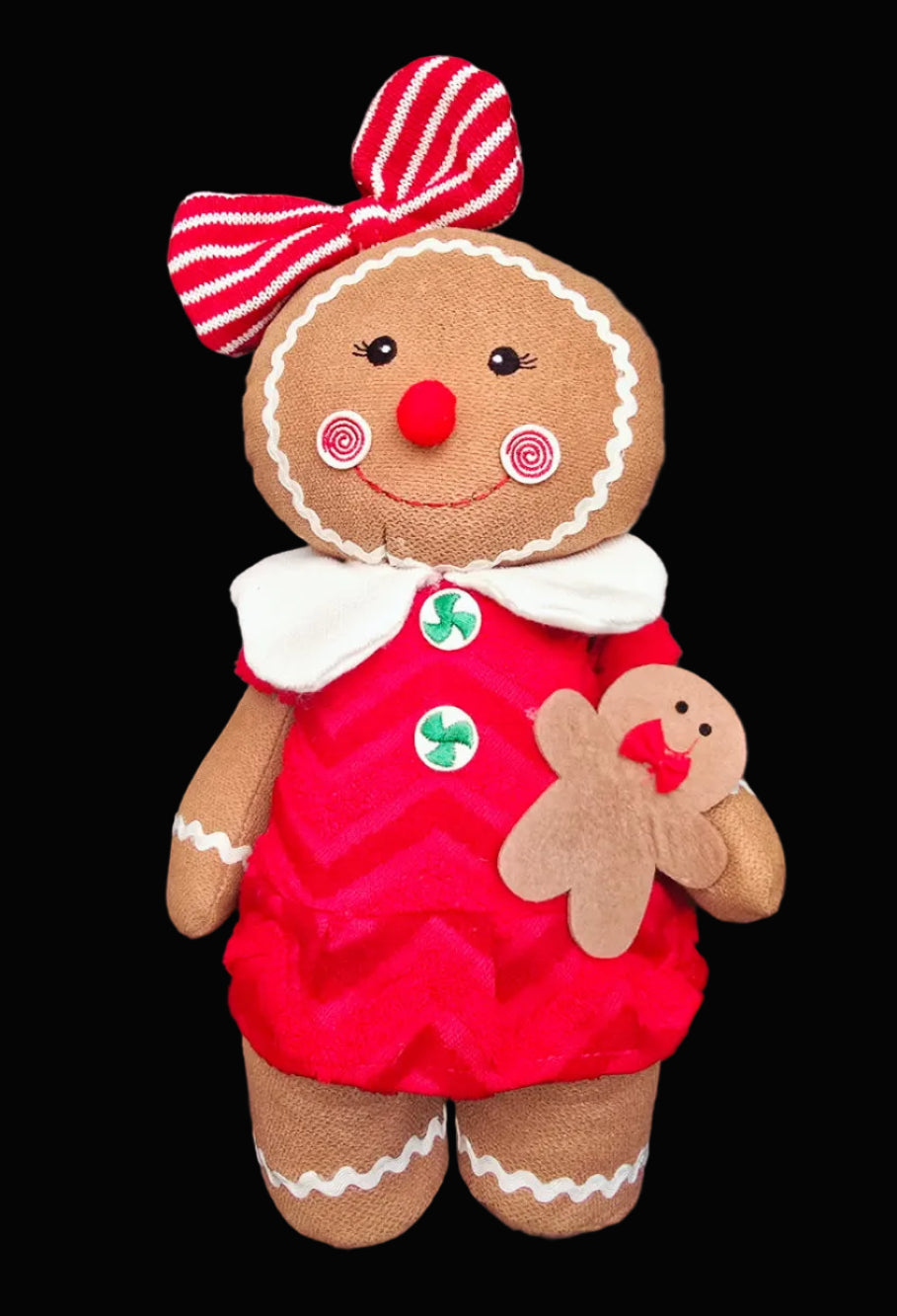 Gingerella Girl plush gingerbread decoration in red dress with striped red and white bow, white collar, green peppermint buttons and mini gingerbread toy — Mistletoe Home