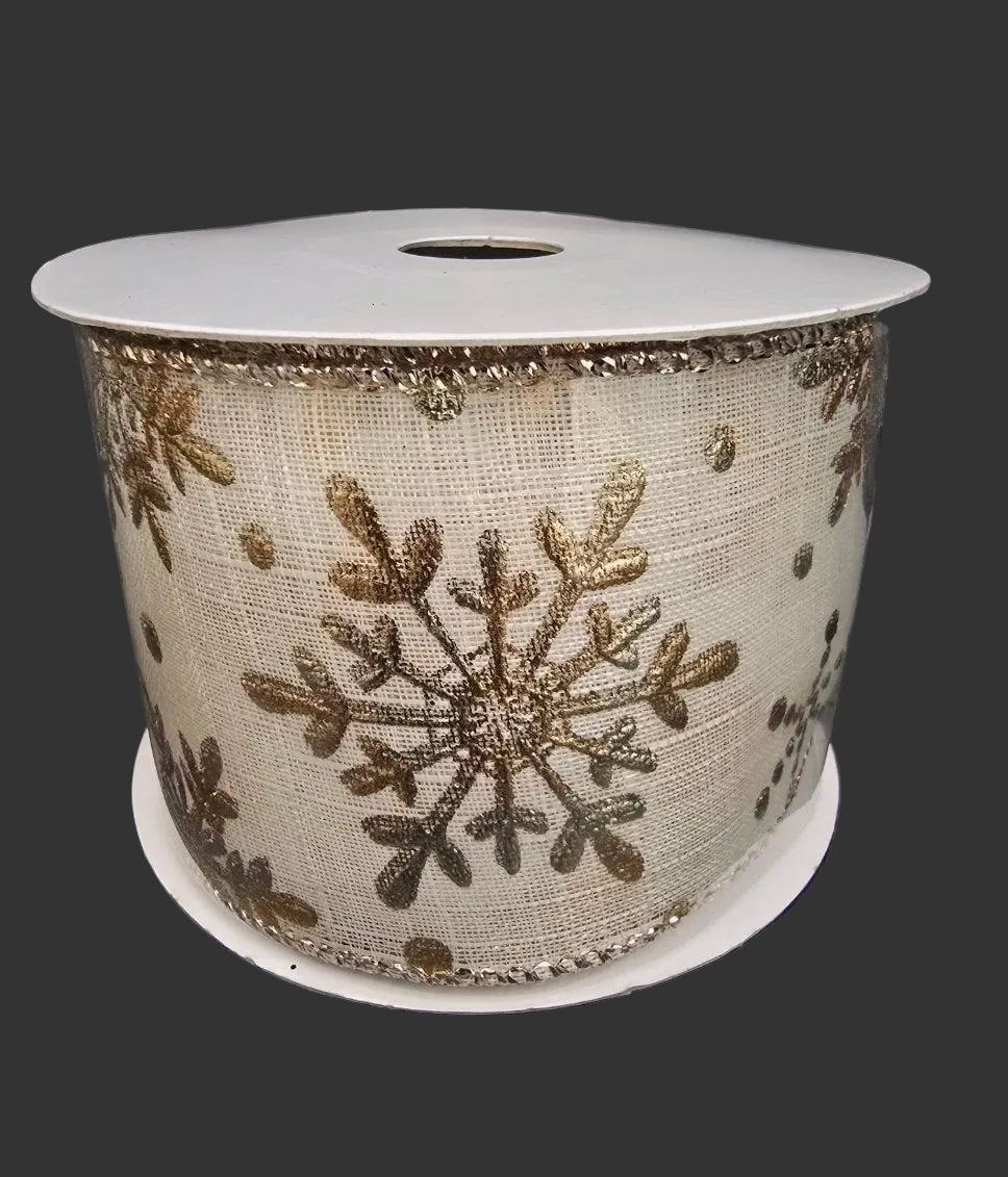 Spool of gold snowflake wired ribbon 6.3cm x 9m for gift wrapping and Christmas crafts — Mistletoe Home