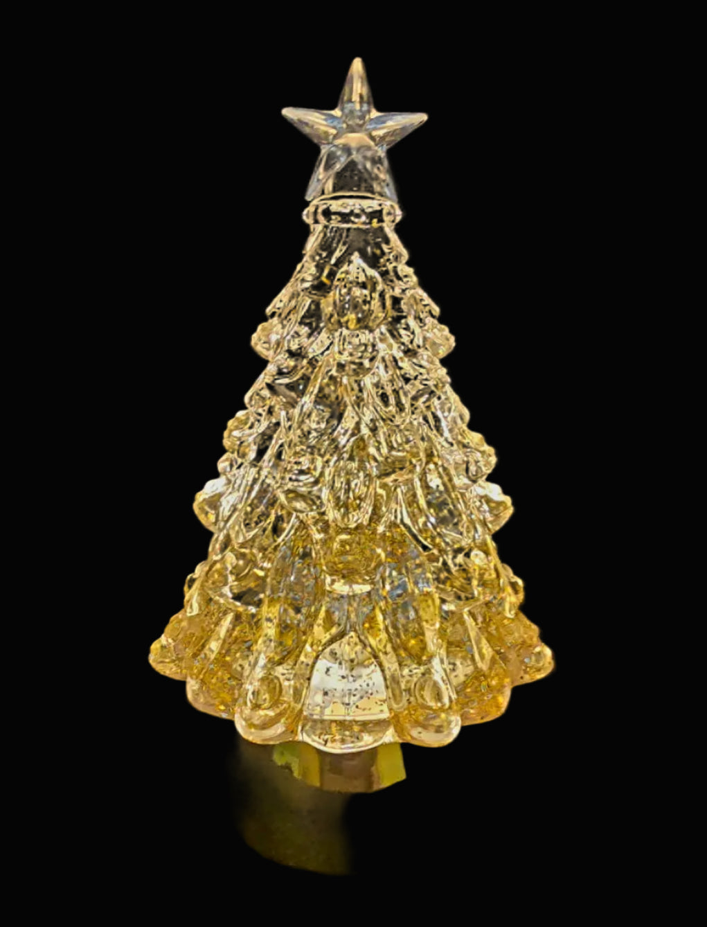 Clear acrylic crystal-cut Christmas tree with gold base and star topper on black background — Mistletoe Home