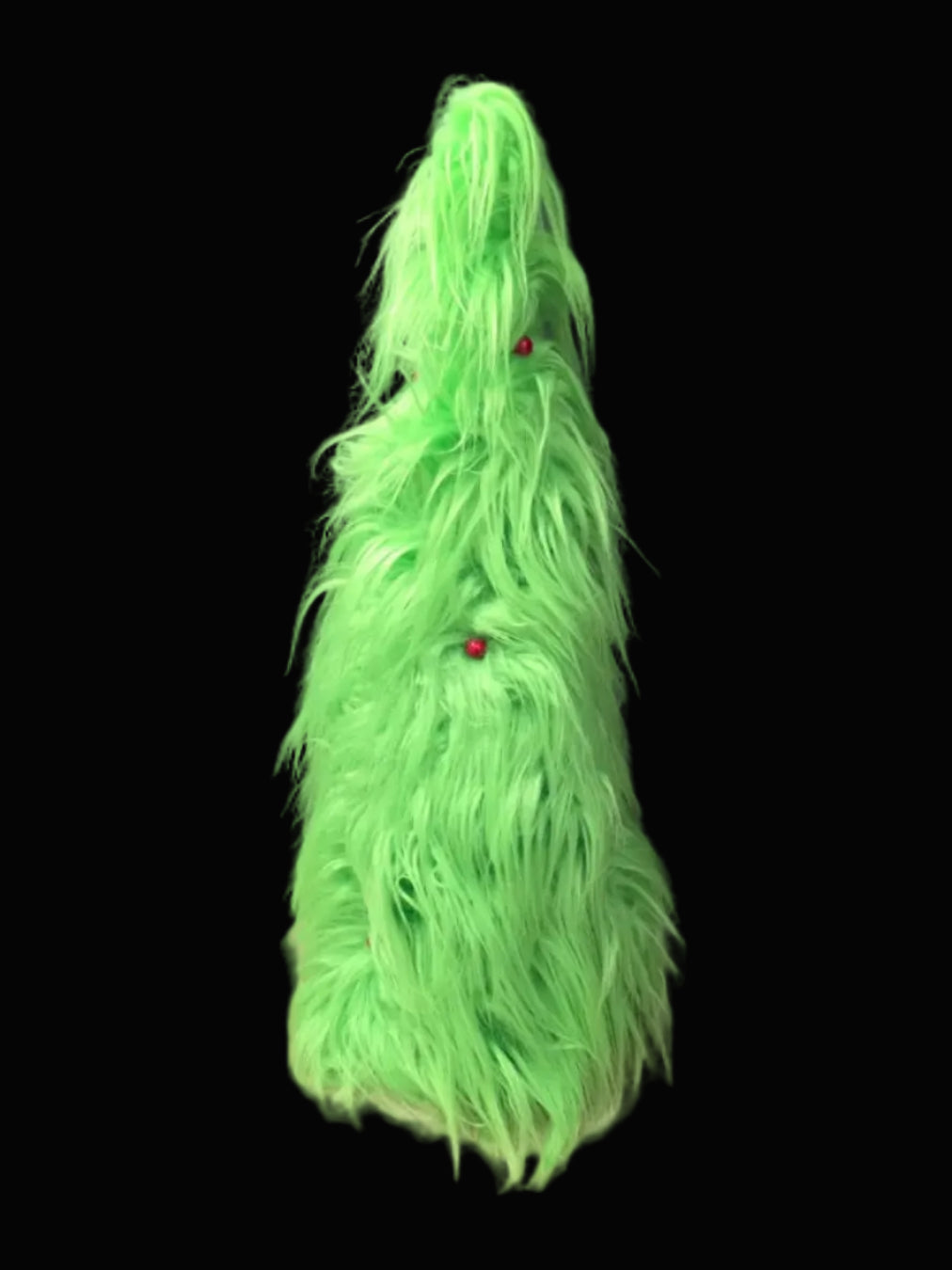 Green fluffy Christmas tree with red ornaments on a black background