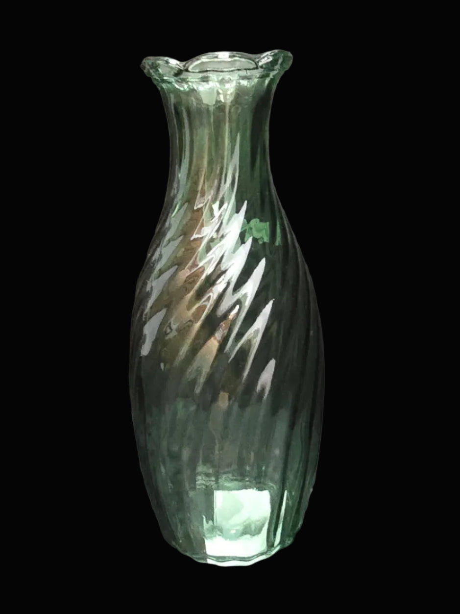 Green twisted swirl glass vase with scalloped rim on black background — Mistletoe Home