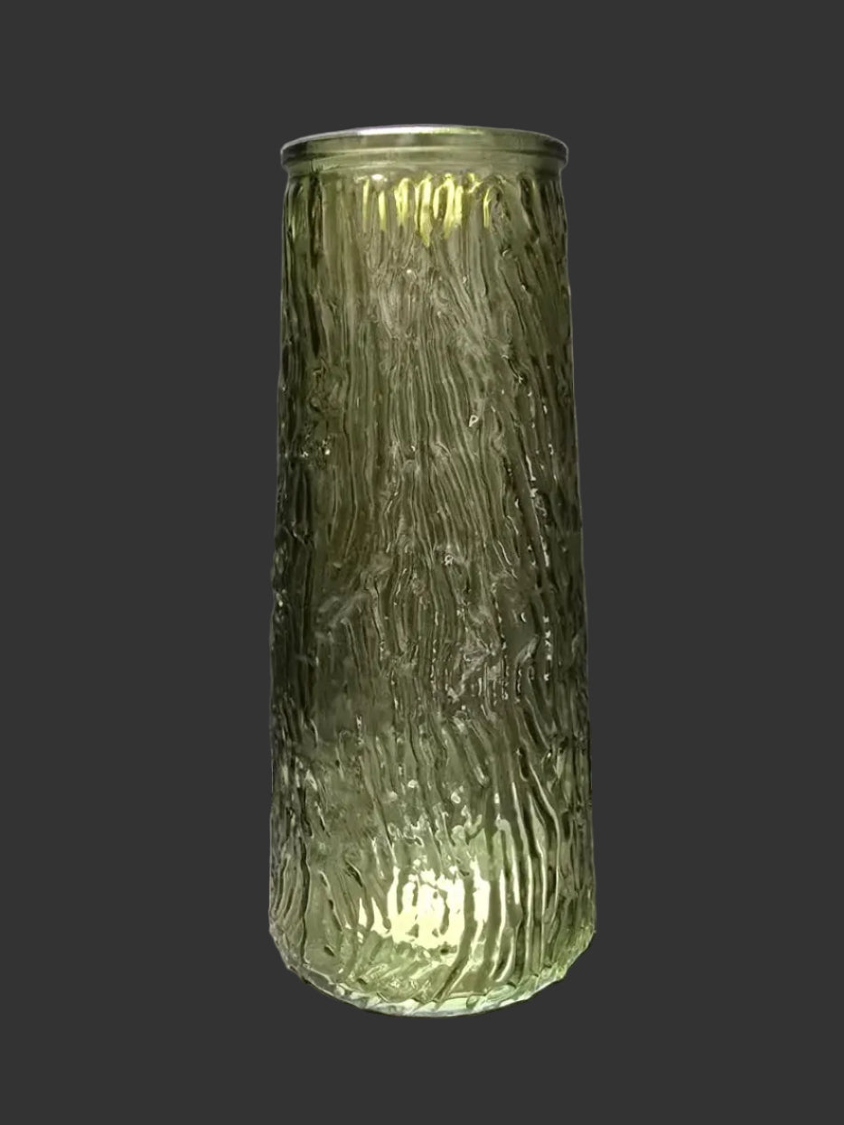 Close up of green textured woodgrain glass vase 22.5cm showing detailed bark effect texture on dark background — Mistletoe Home Australia