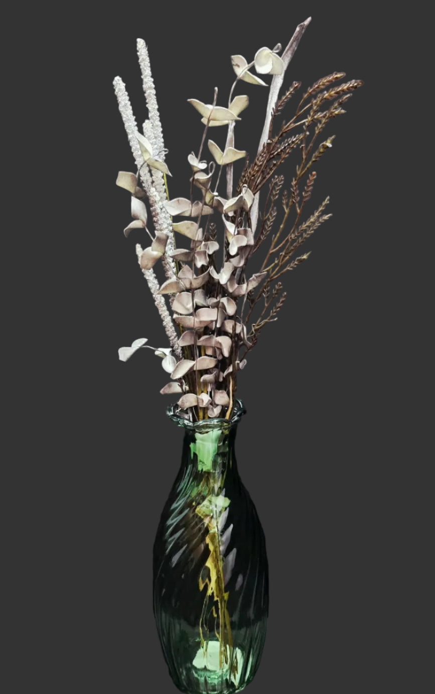 Neutral faux eucalyptus styling bunch with grey and taupe botanical stems in green glass vase on dark background — artificial dried look stems Australia Mistletoe Home