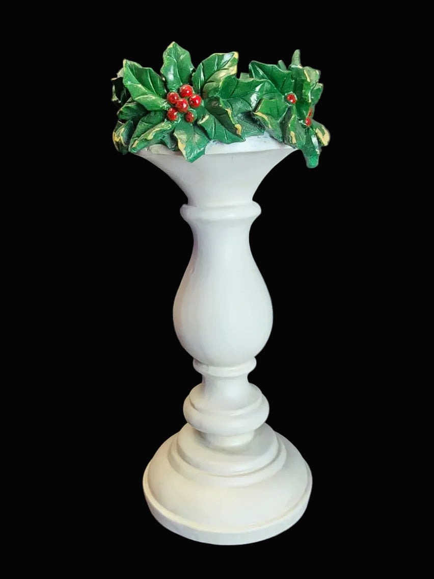 Large white holly Christmas candlestick 33cm showing detailed hand-painted holly leaves and red berries on dark background — Mistletoe Home Australia