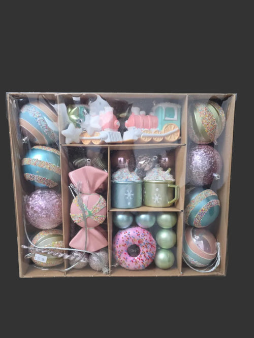 70-piece pastel candy Christmas decoration set in box showing pink mint and shimmer ornaments including donut train and hot chocolate mug novelty pieces — Mistletoe Home Australia