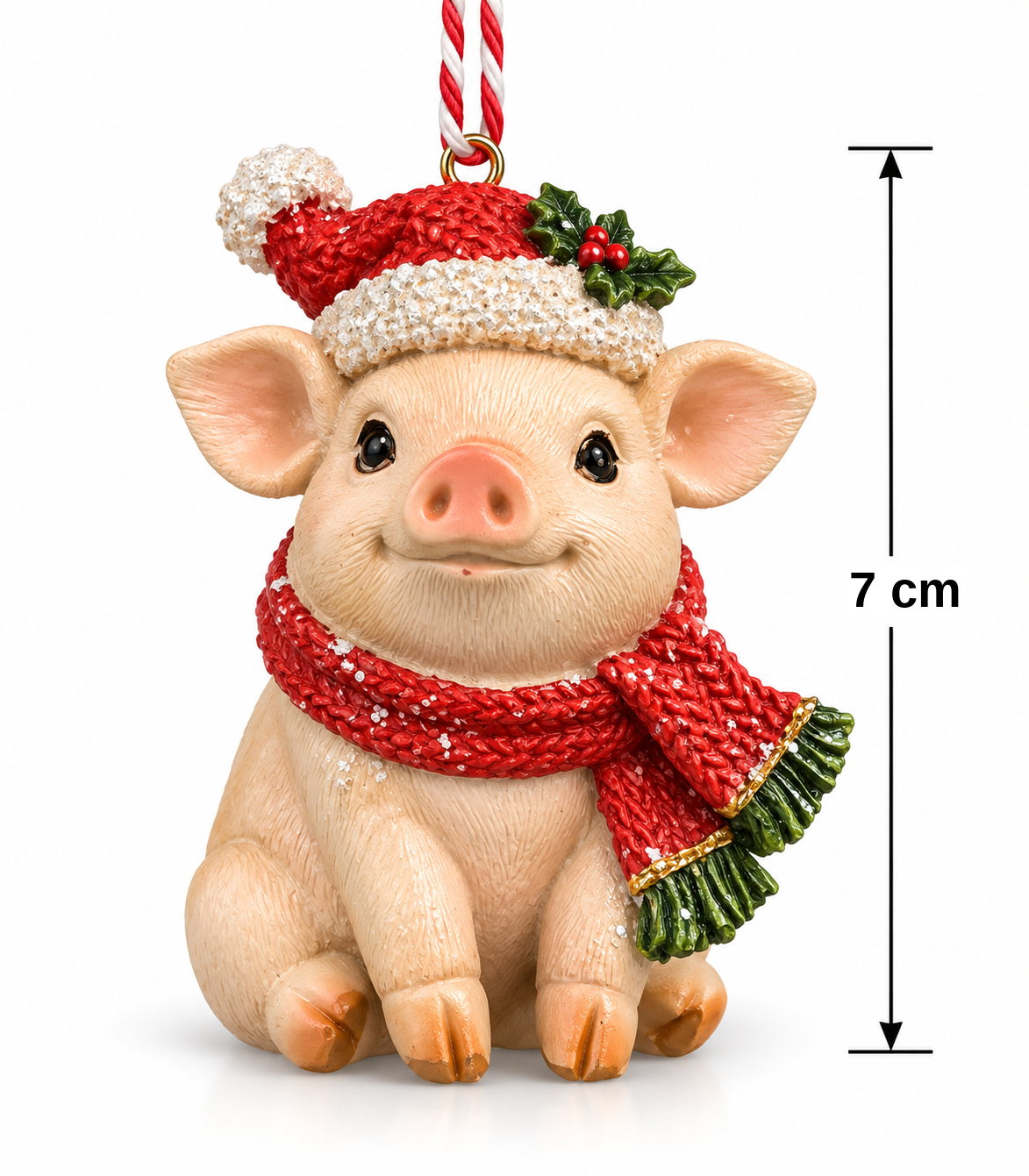 Pig Christmas ornament on a white background with 7cm height measurement, showing full detail of the Santa hat, holly sprig and knit scarf