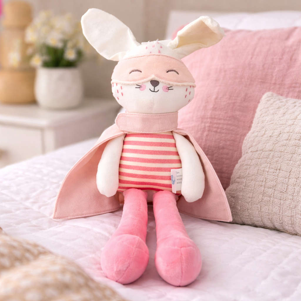 Pink superhero bunny plush toy styled on a child's bed with cushions — cute girls gift Australia Mistletoe Home