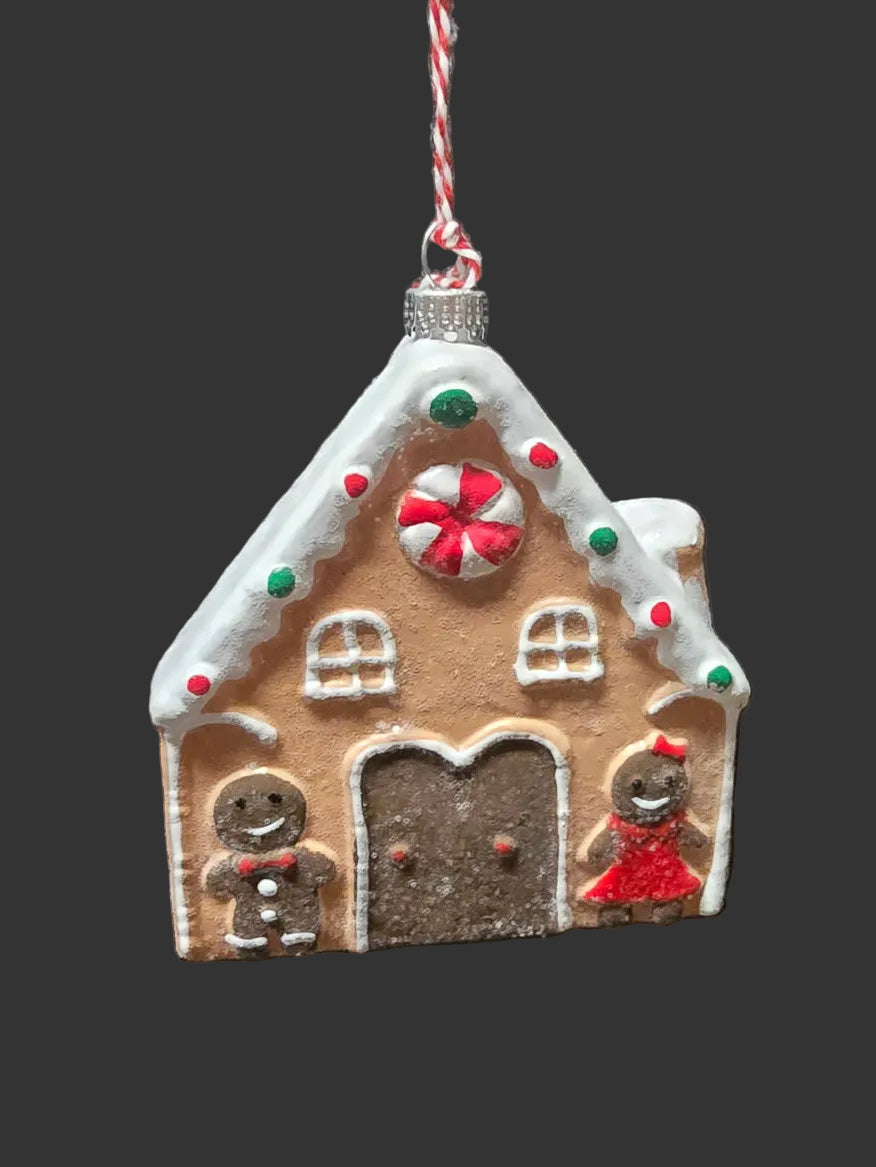 Close up of decorative plastic gingerbread house Christmas ornament 11cm x 10cm — stocking filler and secret Santa gift Australia Mistletoe Home