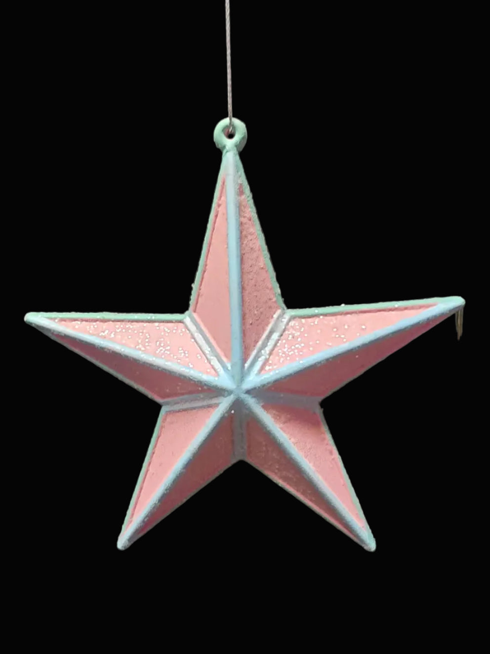 Three-dimensional pink glitter star Christmas ornament with mint-blue edges and hanging cord on black background — 15cm — Mistletoe Home