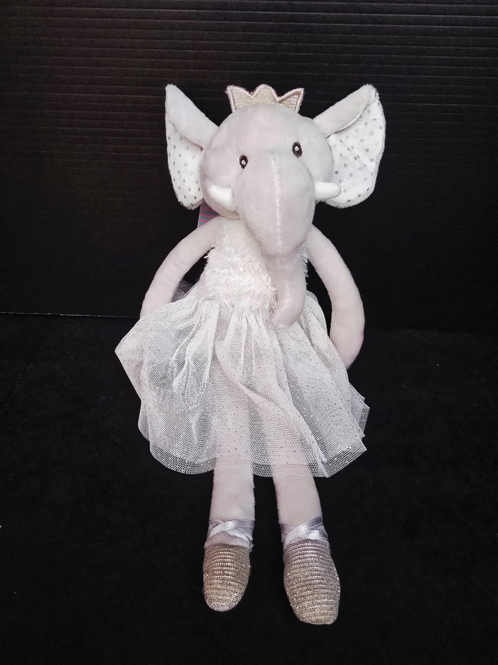 Close up of elephant ballerina stuffed animal 32cm in soft pink ballet outfit — baby shower and birthday gift Australia Mistletoe Home