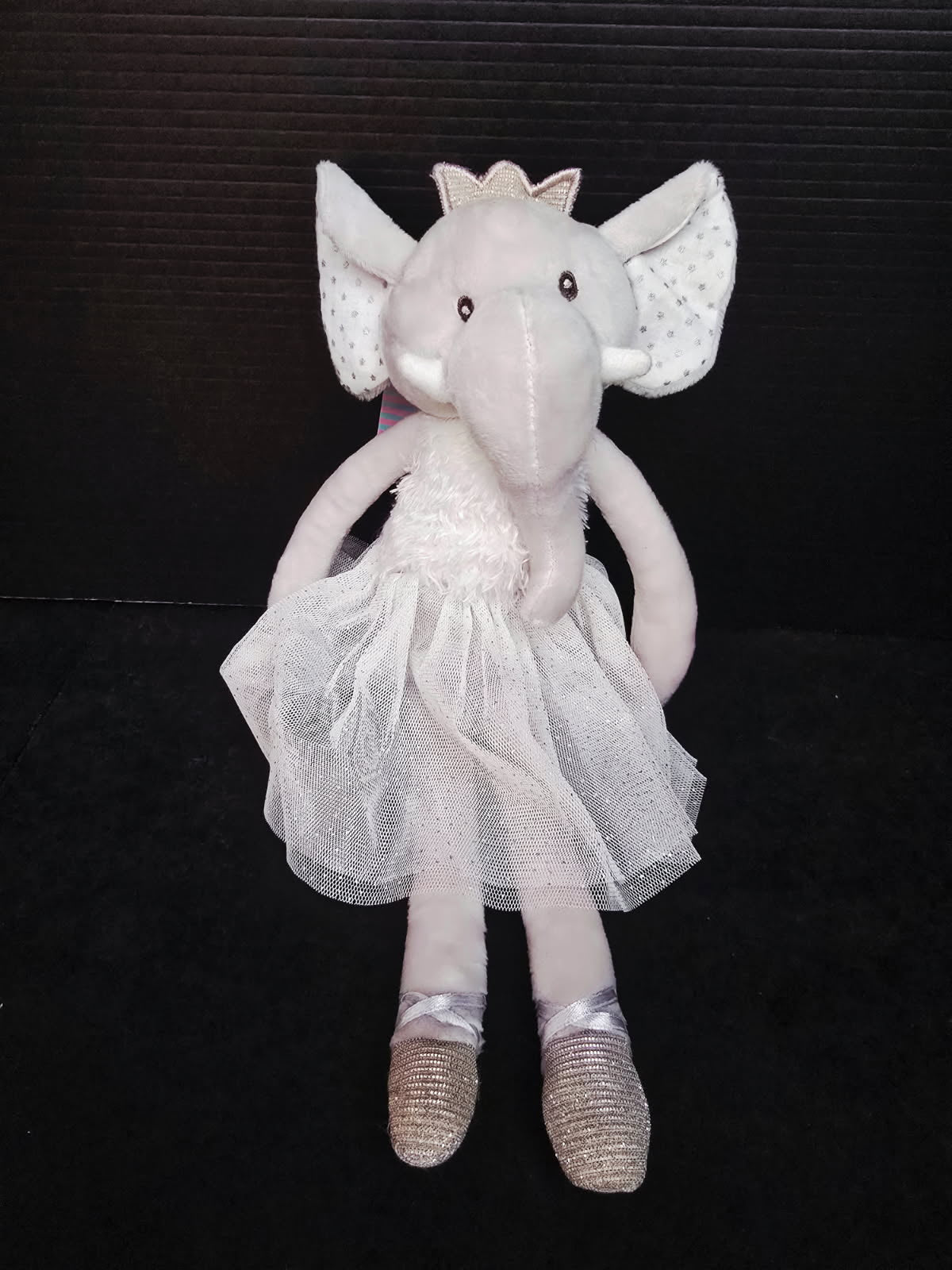 Close up of elephant ballerina stuffed animal 32cm in soft pink ballet outfit — baby shower and birthday gift Australia Mistletoe Home