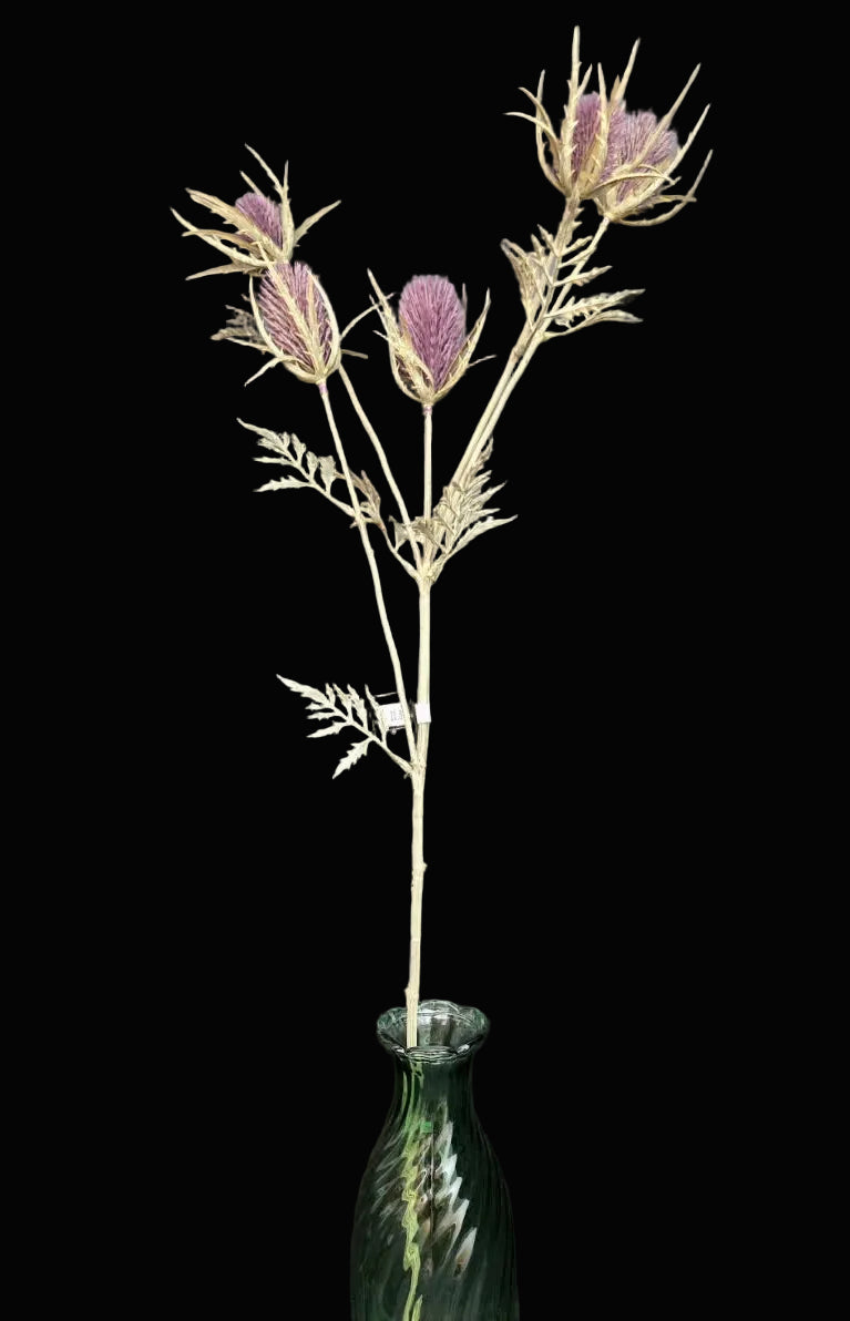 Single faux purple thistle spray stem with three blooms, cream spiky bracts and feathery sage foliage displayed in a green glass bottle on a black background — Mistletoe Home