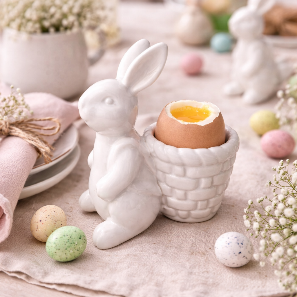 White ceramic bunny egg cup with soft boiled egg styled on an Easter breakfast table with spring decorations — Mistletoe Home Australia