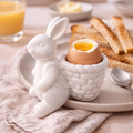 White ceramic bunny egg cup with soft boiled egg styled on a breakfast table setting — Mistletoe Home Australia