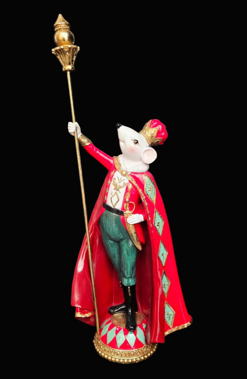 Hand-painted resin Rat King figurine wearing red and gold cape with teal diamond trim, jewelled crown and golden sceptre, on black background — Mistletoe Home