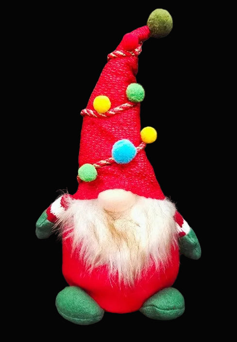 Decorative gnome with a red hat featuring colorful pom-poms on a dark background