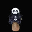 Panda-shaped plush toy with a black bow tie on a dark background