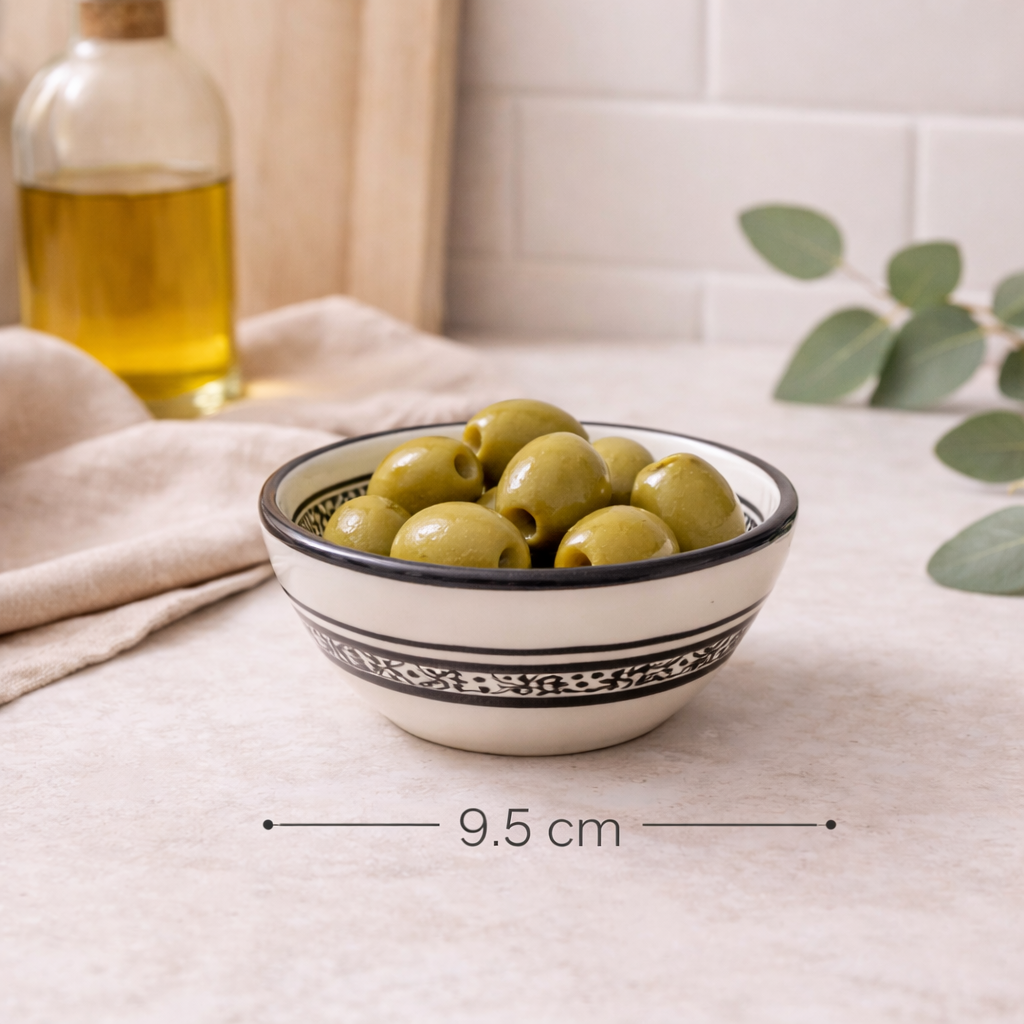 Black and white ceramic bowl 9.5cm styled with olives on an entertaining board — Mistletoe Home Australia