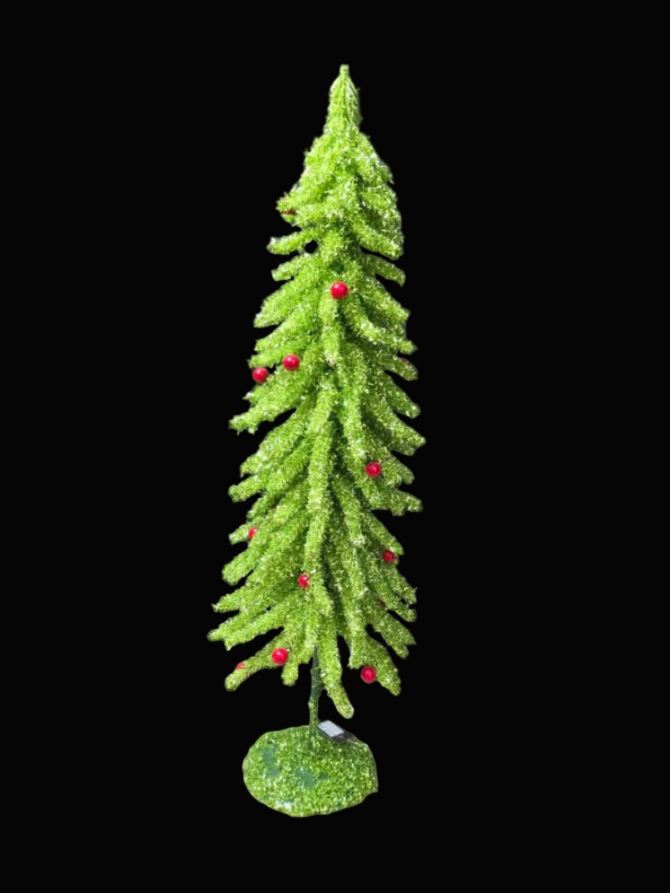 Green artificial Christmas tree with red berries on a neutral background