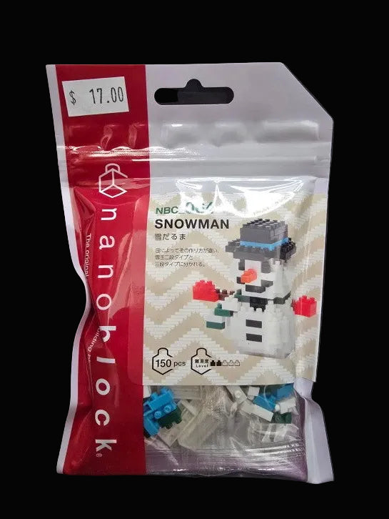 nanoblock snowman figure packaging with red label on a dark background