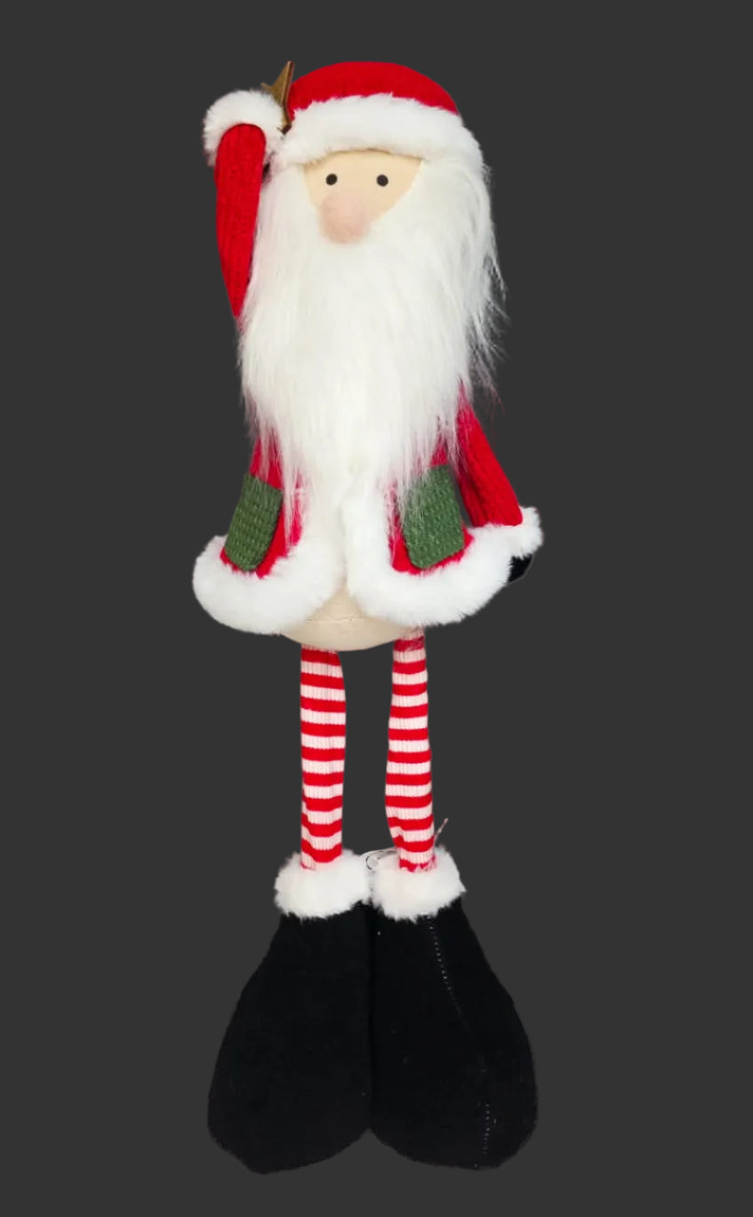 Standing fabric Santa decoration with fluffy white beard, red knit coat, gold star hat detail, candy-striped knit legs and black boots on grey background — 68cm — Mistletoe Home