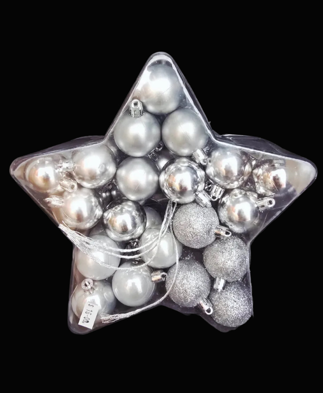  Mixed silver Christmas baubles in matte, gloss and glitter finishes displayed in a clear star-shaped gift box on black background — Mistletoe Home