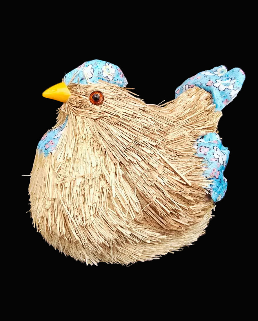 Blue floral straw chicken decoration with fabric cap, wings and yellow beak on black background — Mistletoe Home