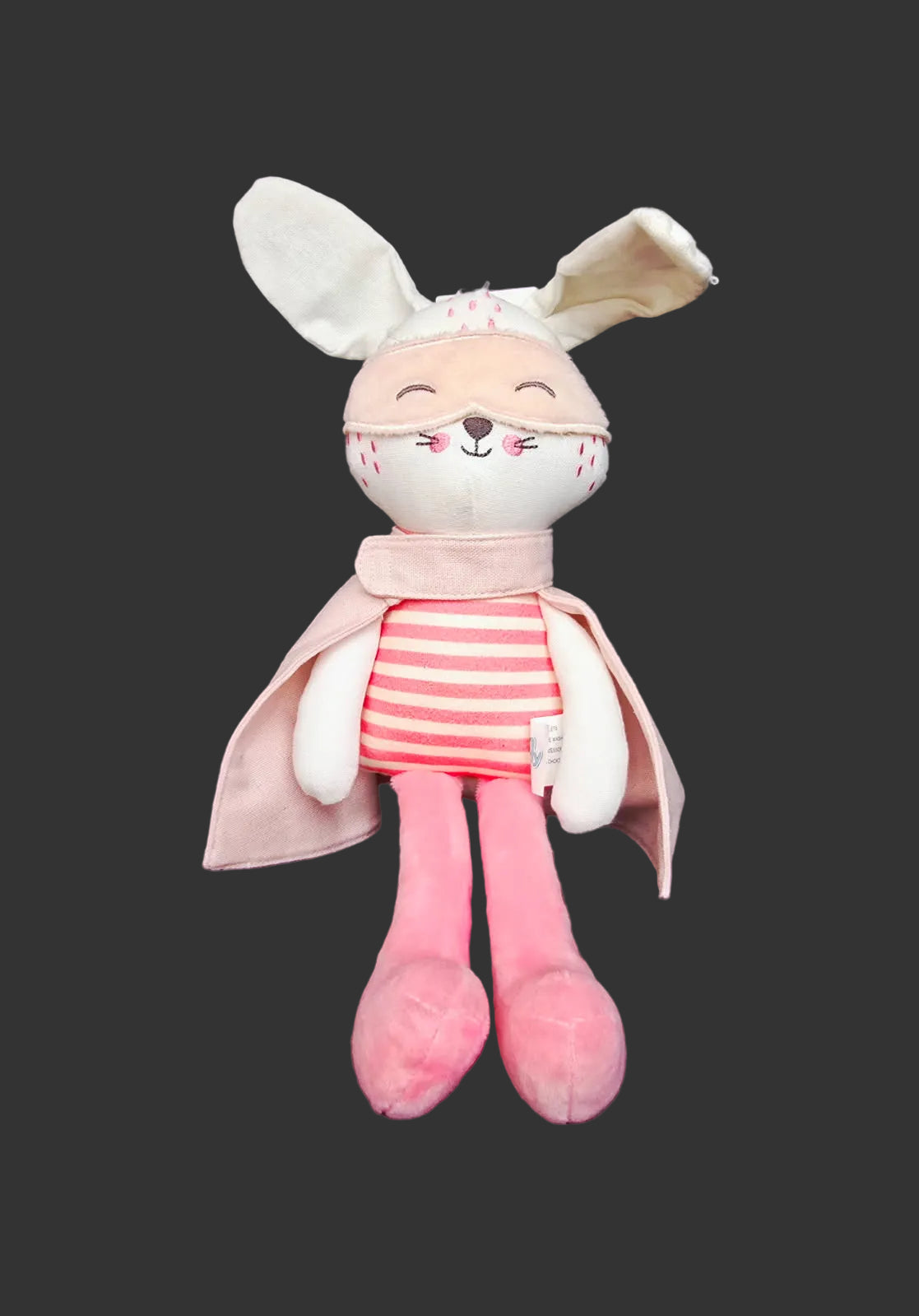 Pink superhero bunny soft plush toy on black background — birthday and Easter gift for girls Australia Mistletoe Home