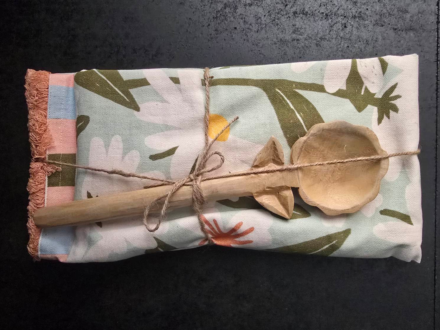 Cotton tea towel with floral pattern and natural wooden spoon gift set Australia