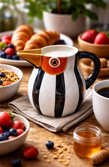 Hand-painted ceramic toucan milk jug with black and white striped body, orange eye and golden beak spout, styled on a timber breakfast table with croissants, fresh berries, granola, coffee and honey — Mistletoe Home