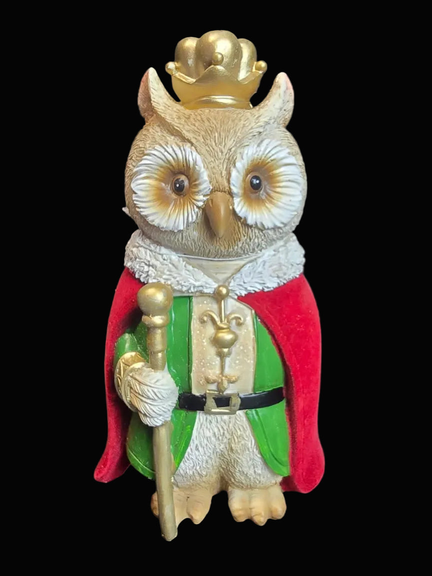 Hand-painted resin royal owl Christmas figurine in red velvet cape, green tunic, gold crown and sceptre on black background — Mistletoe Home
