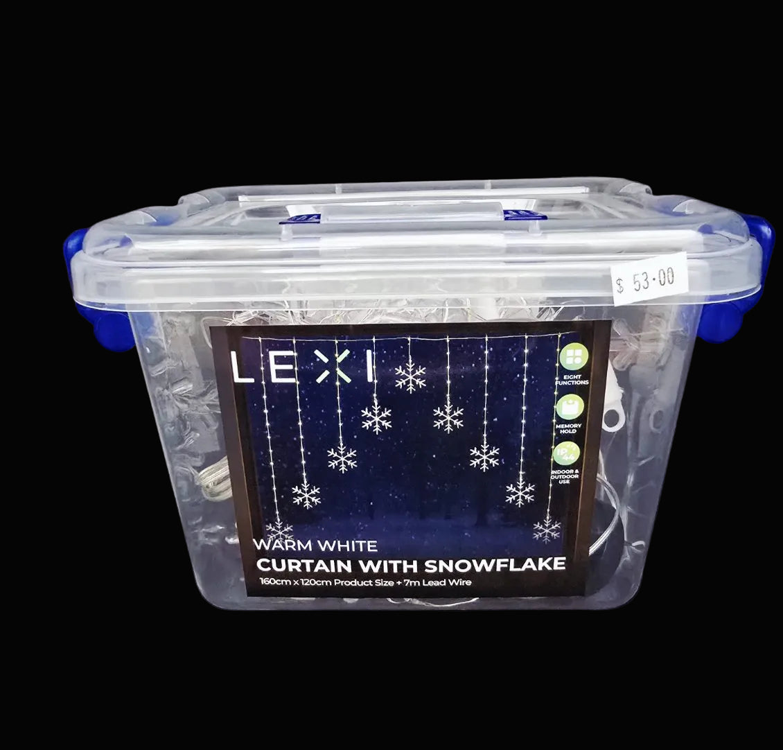 Warm white snowflake V shape curtain fairy lights 160x120cm in Lexi branded storage container showing product details — Christmas window lights Australia Mistletoe Home