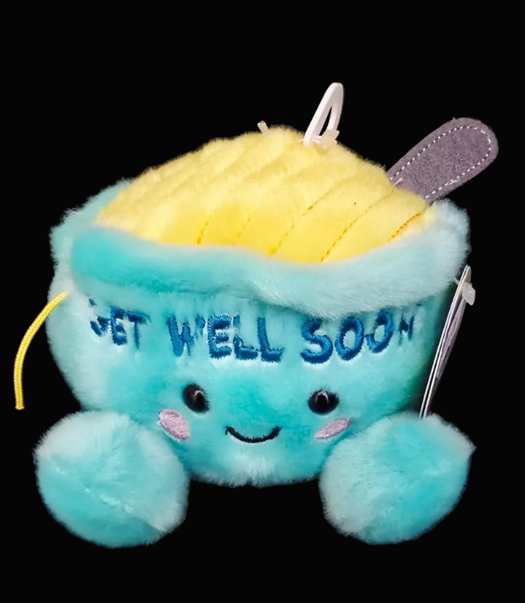 Palm Pals Welly chicken soup plush toy showing Get Well Soon embroidery and tiny spoon detail on dark background — unique gift Australia Mistletoe Home