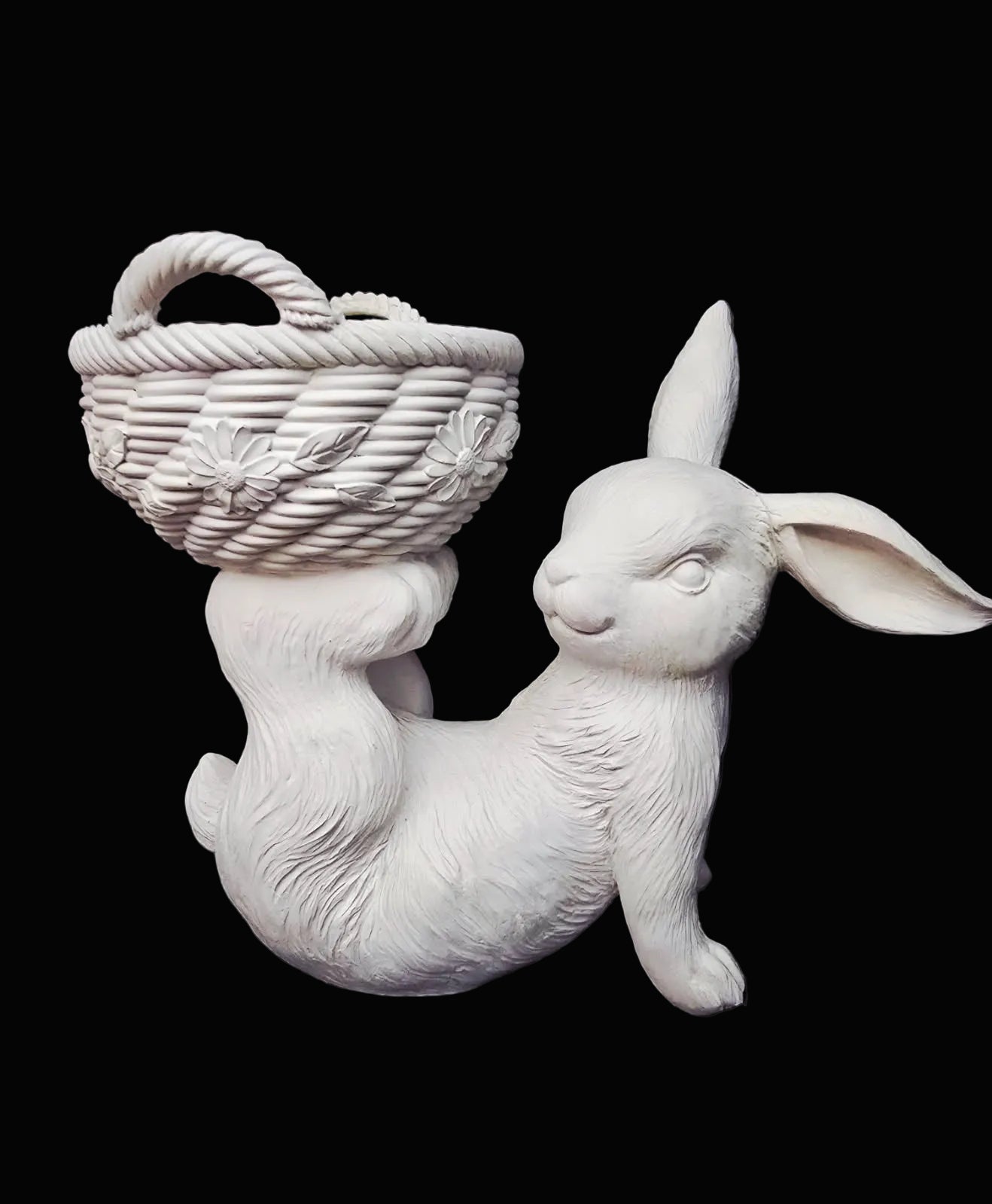 White resin rabbit basket planter showing detailed fur and woven basket texture on dark background — statement home décor Australia Mistletoe Home