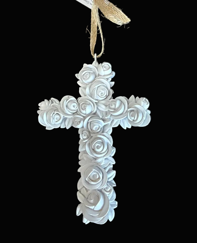 White sculpted rose cross hanging decoration 13cm with natural jute cord on dark background — religious gift Australia Mistletoe Home