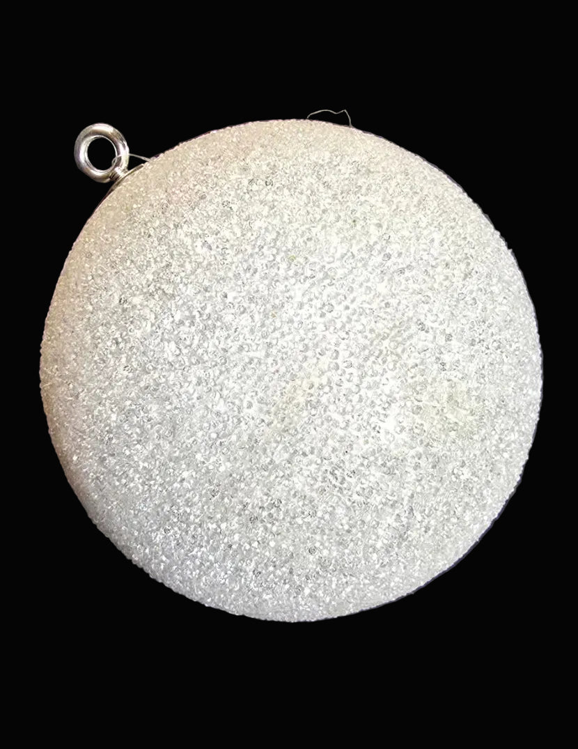 Close up of large white glitter foam Christmas bauble 20cm showing sparkling glitter texture on dark background — Mistletoe Home Australia