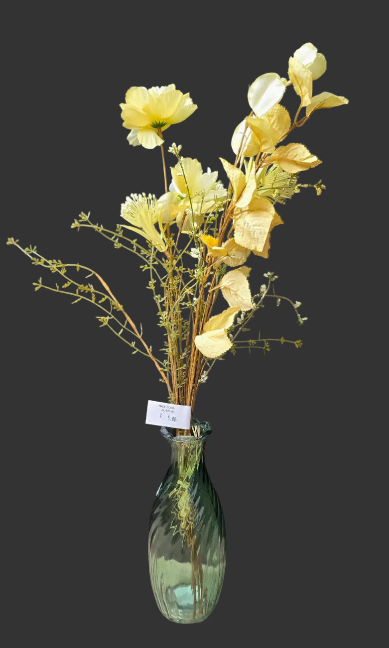 Cream and yellow faux wildflower bunch 4 stems 65cm in green glass vase on dark background — artificial flowers Australia Mistletoe Home