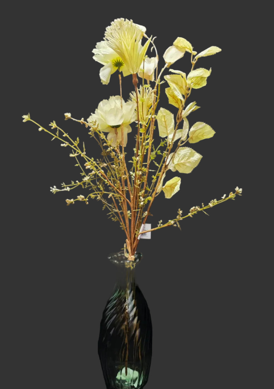 Wild flower faux floral bundle 4 stems 65cm in green glass vase on dark background — artificial flowers Australia Mistletoe Home