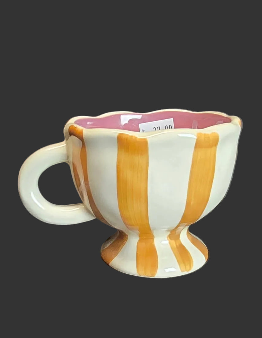 Brown and white stripe footed ceramic Willa cup showing scalloped rim and pink interior on dark background — unique coffee mug Australia Mistletoe Home