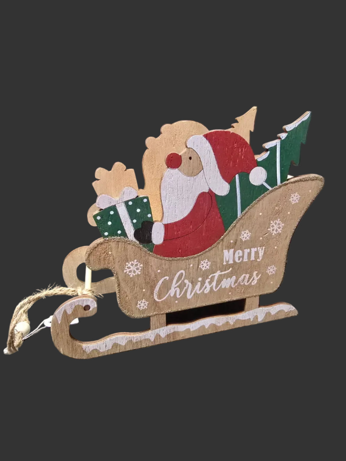 Wooden Santa sleigh tabletop Christmas decoration 22cm with Merry Christmas script and painted Santa design on dark background — Mistletoe Home Australia